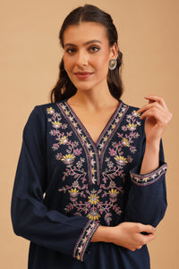 Navy Blue Embroidered Acrylic Straight Winter Kurta