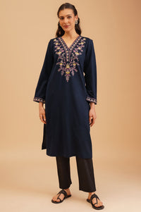 Navy Blue Embroidered Acrylic Straight Winter Kurta