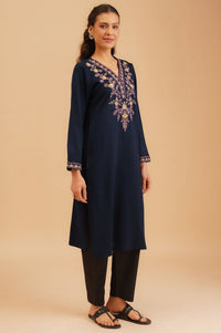 Navy Blue Embroidered Acrylic Straight Winter Kurta