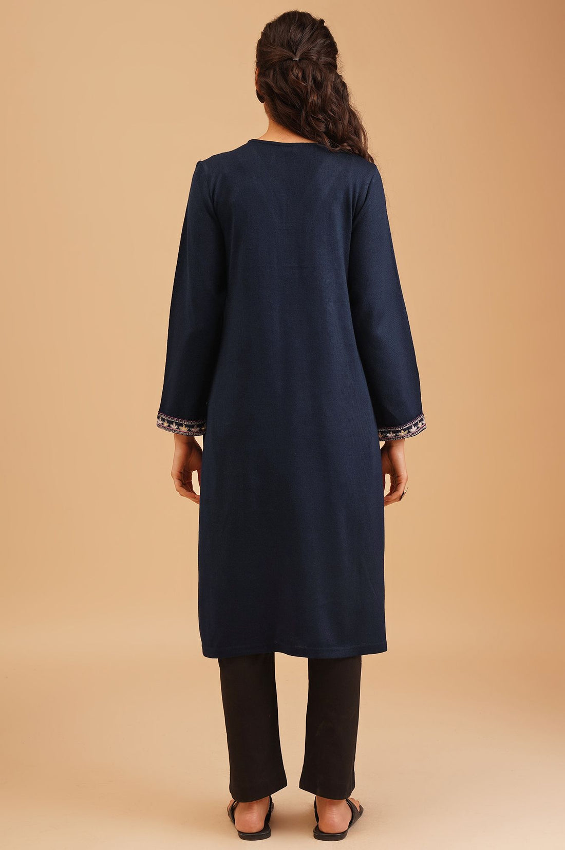 Navy Blue Embroidered Acrylic Straight Winter Kurta