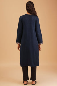 Navy Blue Embroidered Acrylic Straight Winter Kurta