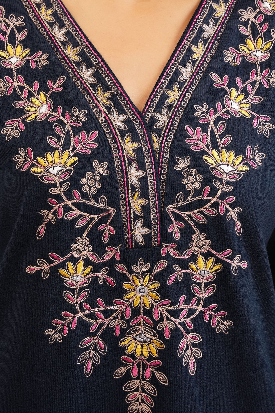 Navy Blue Embroidered Acrylic Straight Winter Kurta