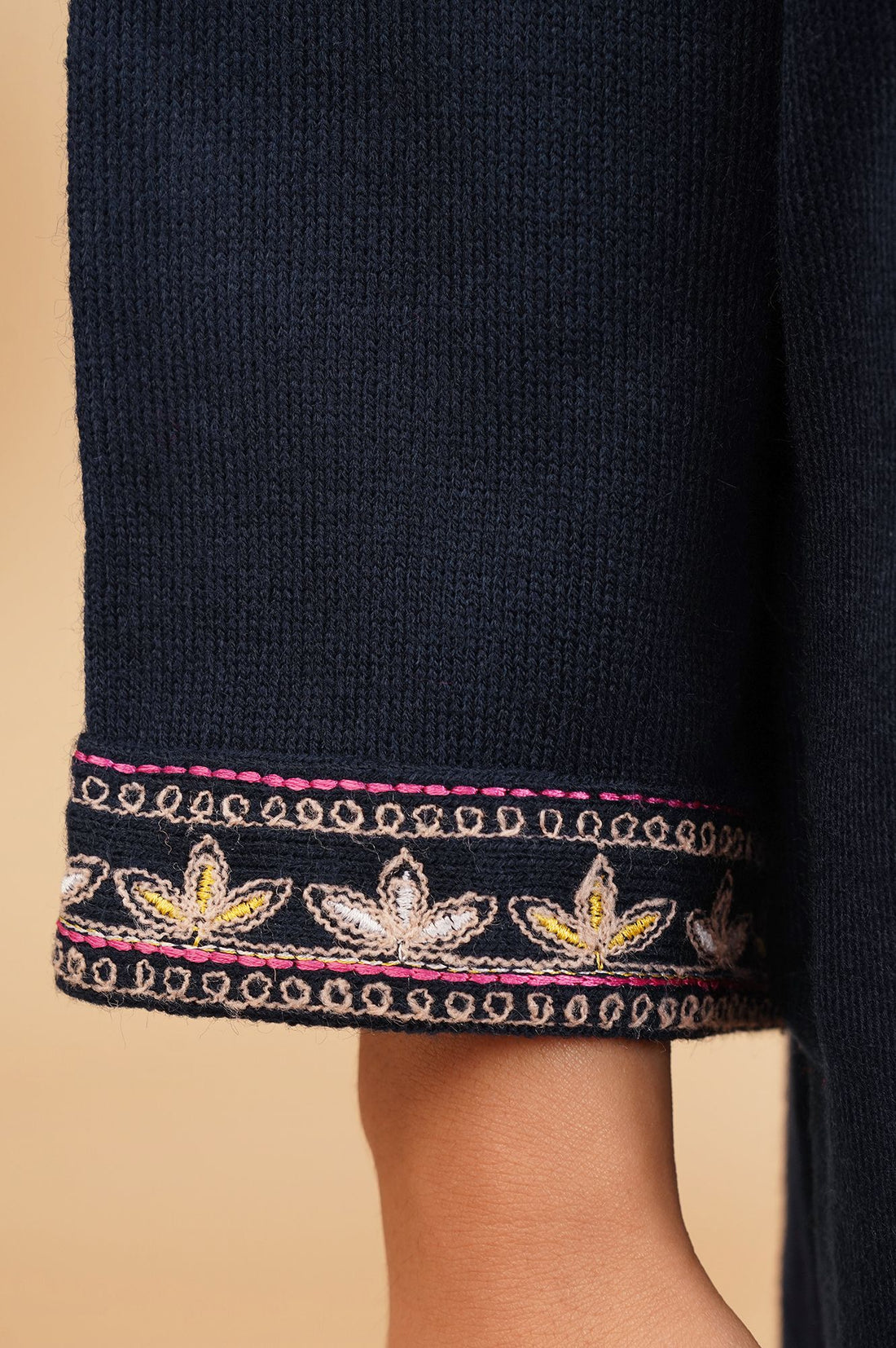 Navy Blue Embroidered Acrylic Straight Winter Kurta