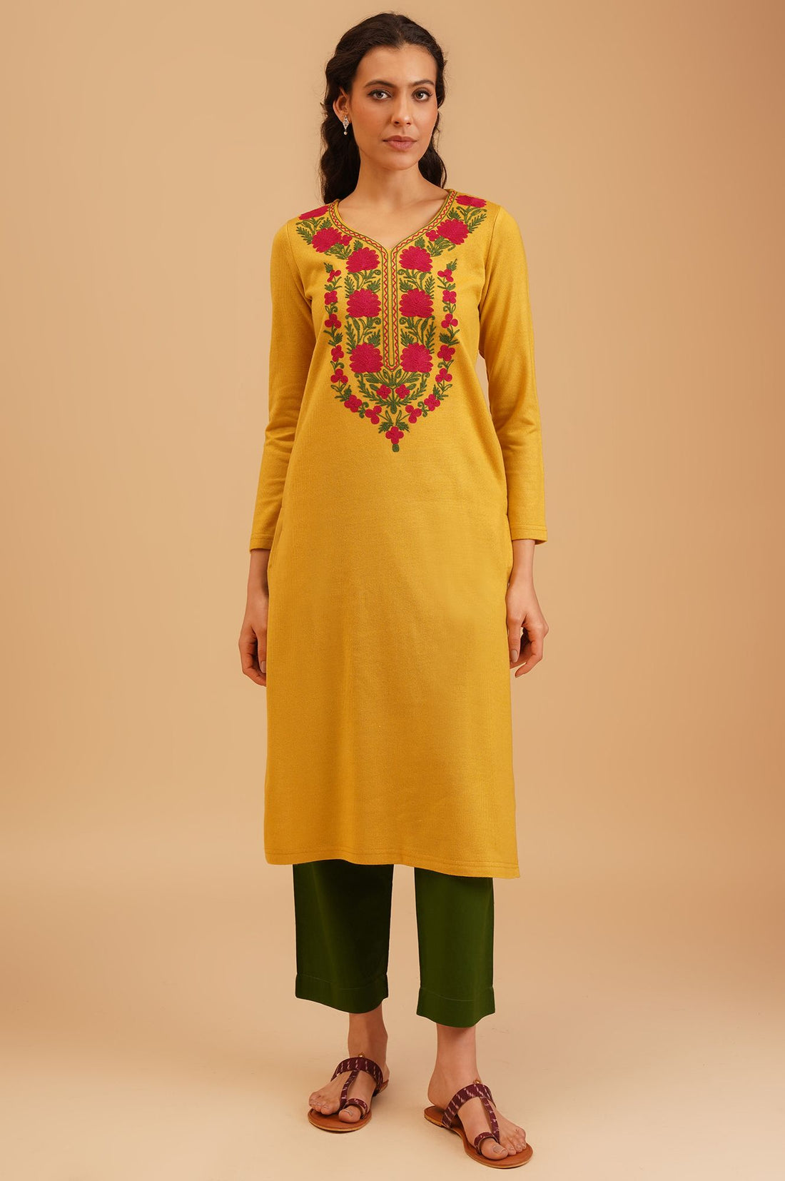 Yellow Embroidered Acrylic Straight Winter Kurta