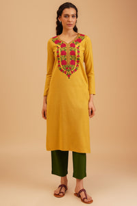 Yellow Embroidered Acrylic Straight Winter Kurta