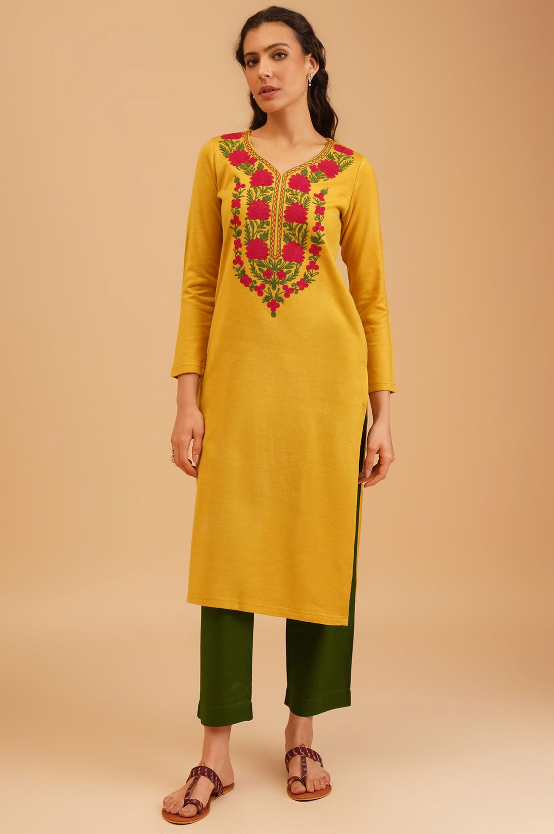 Yellow Embroidered Acrylic Straight Winter Kurta