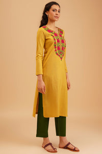 Yellow Embroidered Acrylic Straight Winter Kurta