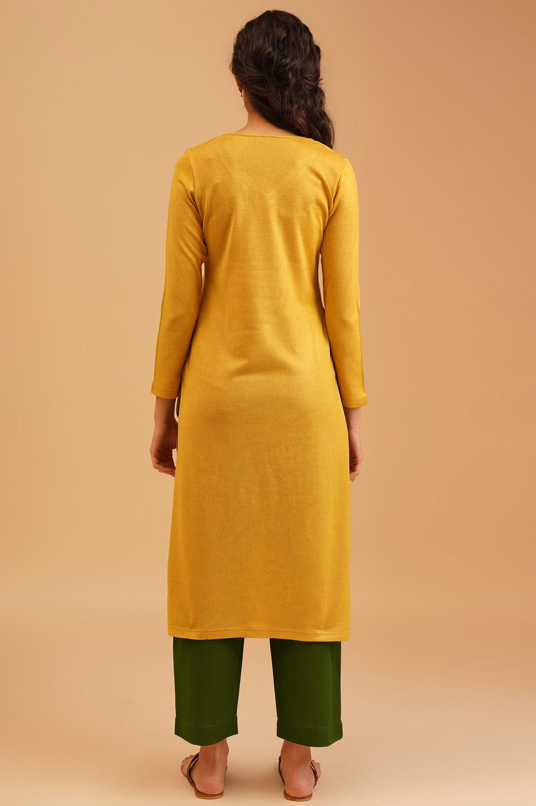 Yellow Embroidered Acrylic Straight Winter Kurta