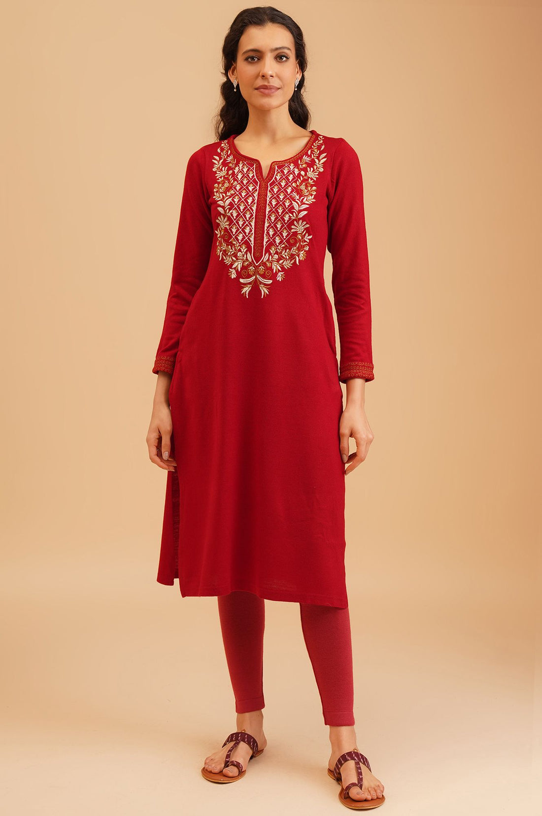 Red Embroidered Acrylic Straight Winter Kurta