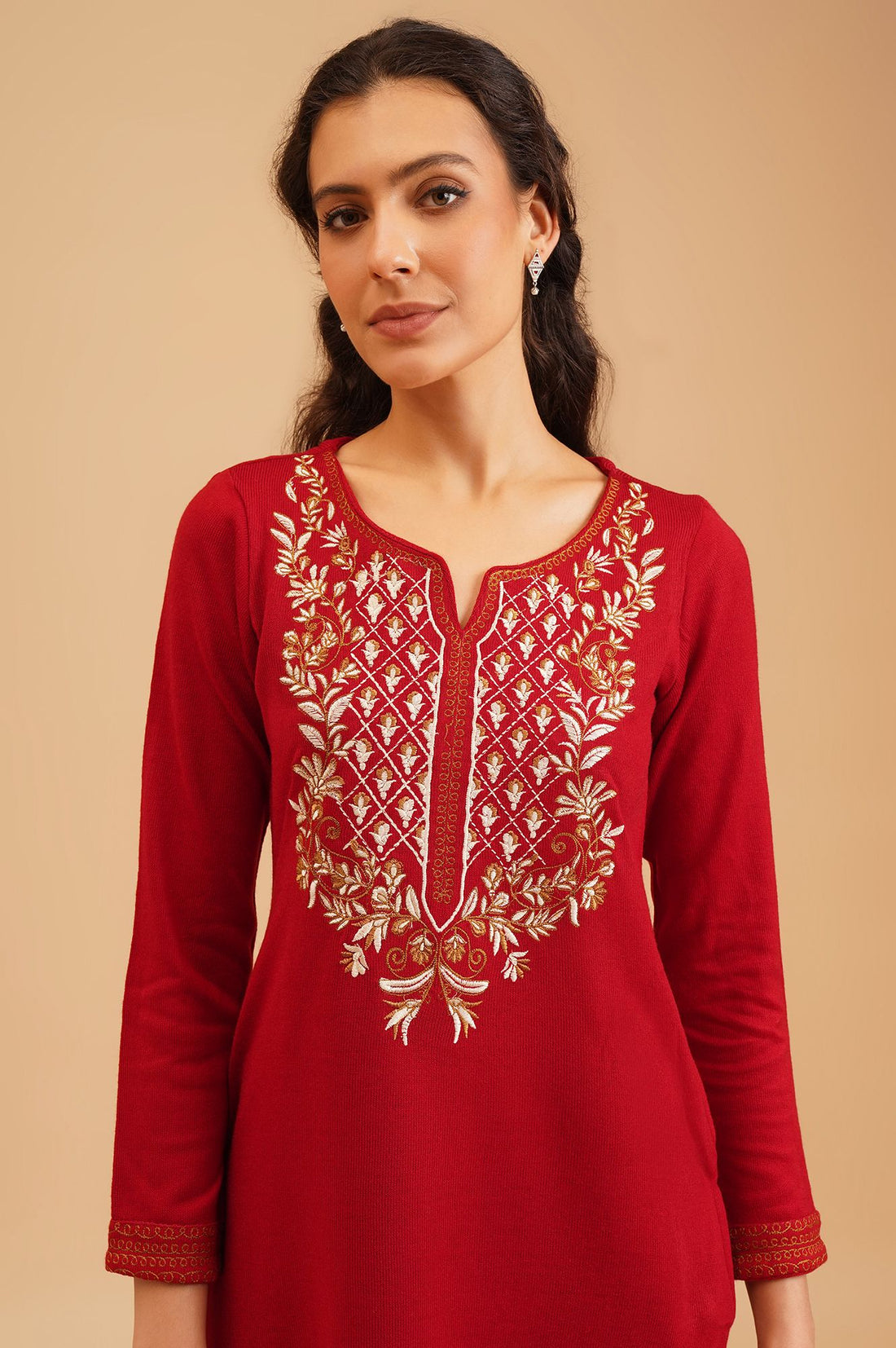 Red Embroidered Acrylic Straight Winter Kurta