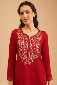 Red Embroidered Acrylic Straight Winter Kurta