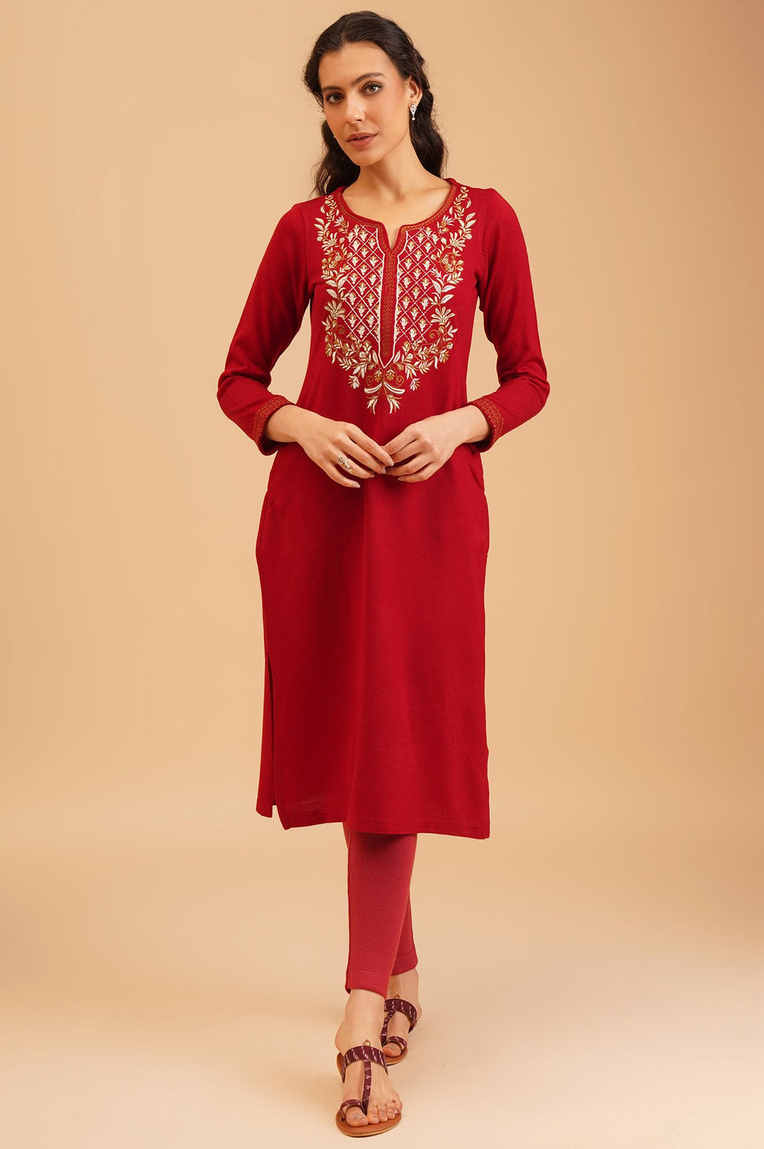 Red Embroidered Acrylic Straight Winter Kurta