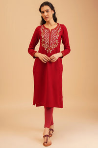 Red Embroidered Acrylic Straight Winter Kurta