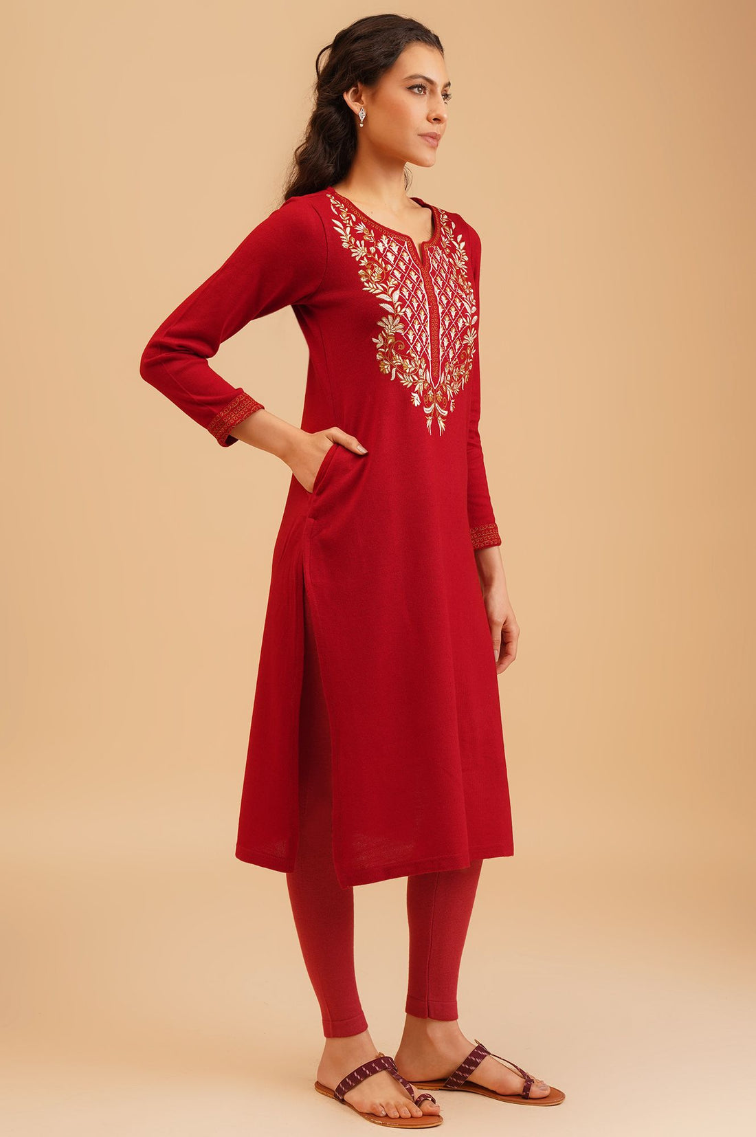 Red Embroidered Acrylic Straight Winter Kurta