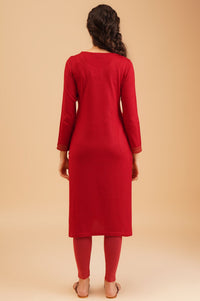 Red Embroidered Acrylic Straight Winter Kurta