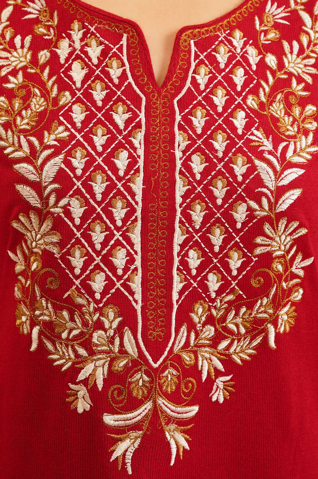 Red Embroidered Acrylic Straight Winter Kurta