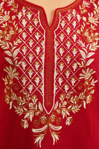Red Embroidered Acrylic Straight Winter Kurta