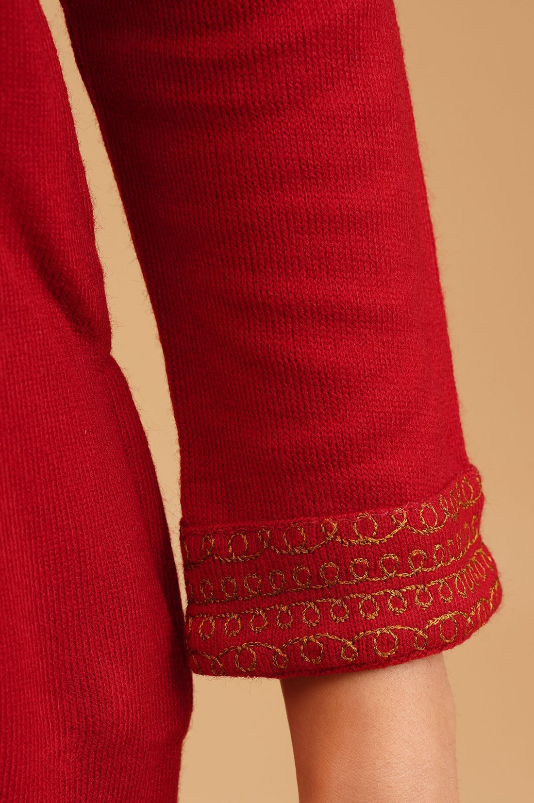 Red Embroidered Acrylic Straight Winter Kurta