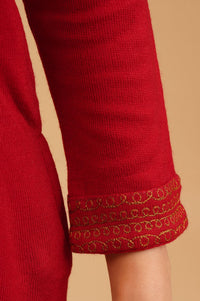 Red Embroidered Acrylic Straight Winter Kurta