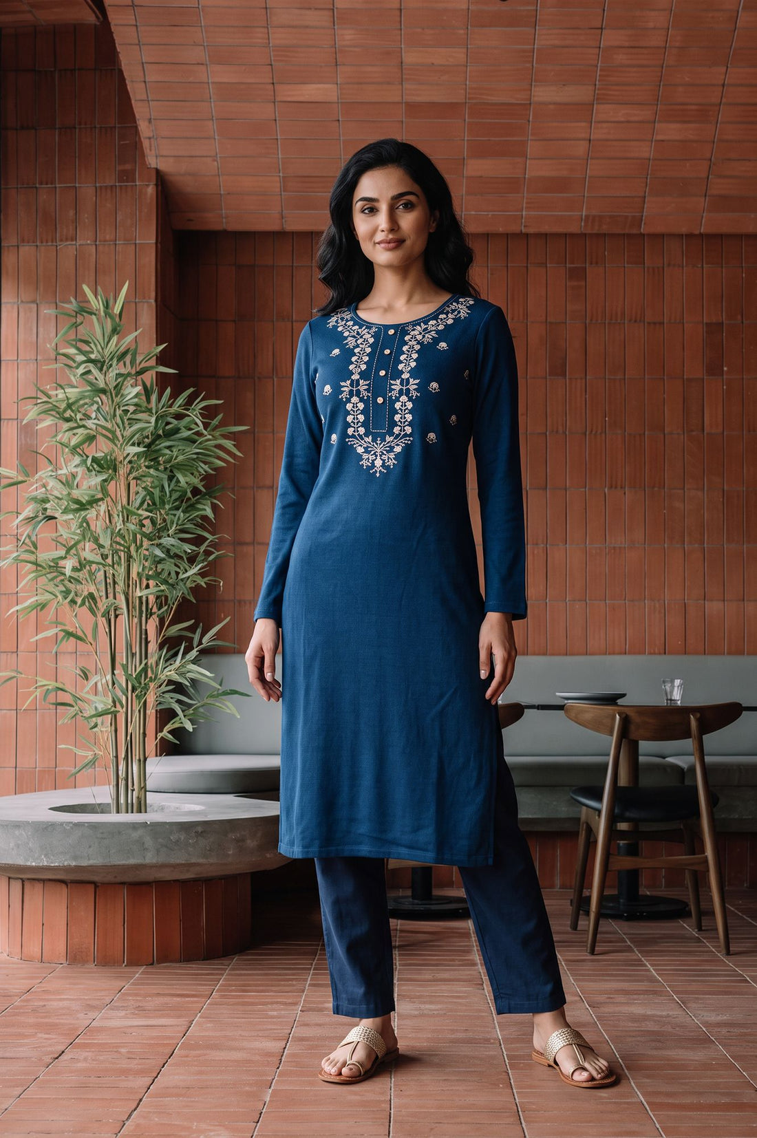 Blue Yarn Dyed Embroidered Acrylic Straight Winter Kurta