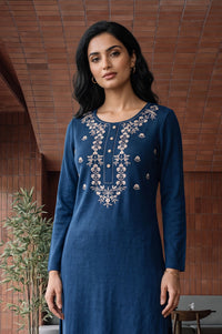 Blue Yarn Dyed Embroidered Acrylic Straight Winter Kurta