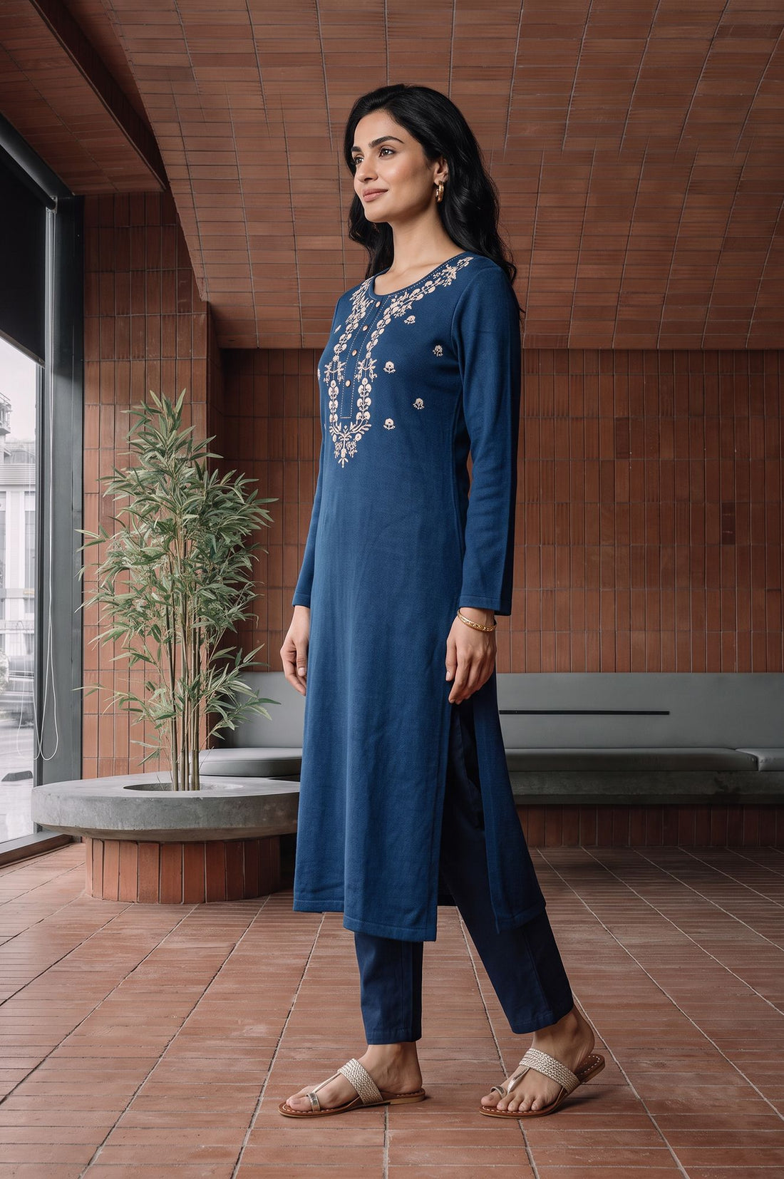Blue Yarn Dyed Embroidered Acrylic Straight Winter Kurta