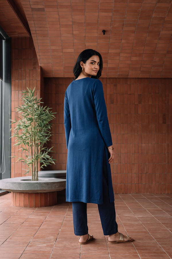 Blue Yarn Dyed Embroidered Acrylic Straight Winter Kurta