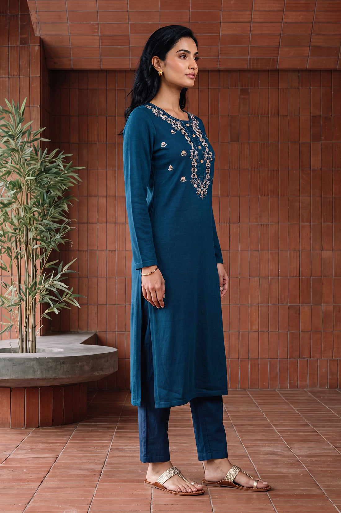 Blue Yarn Dyed Embroidered Acrylic Straight Winter Kurta