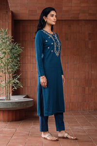 Blue Yarn Dyed Embroidered Acrylic Straight Winter Kurta