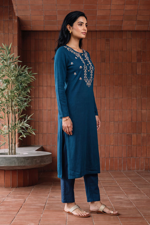 Blue Yarn Dyed Embroidered Acrylic Straight Winter Kurta