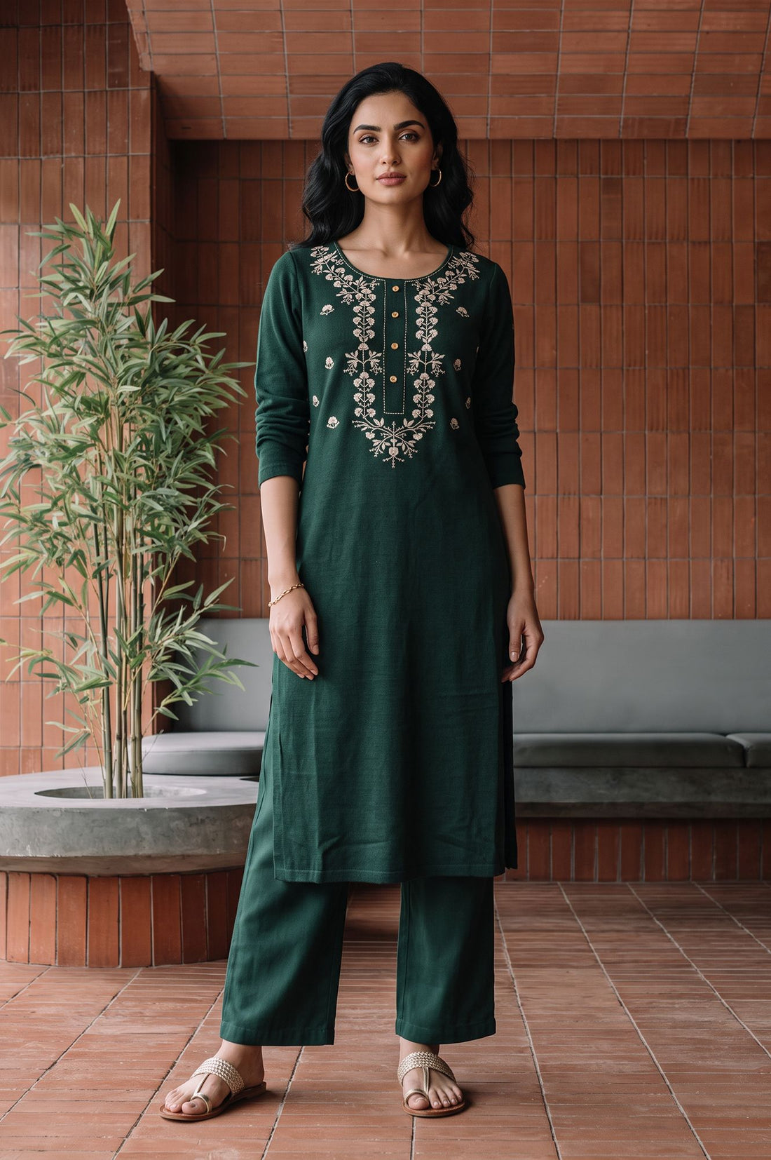 Green Yarn Dyed Embroidered Charme Acrylic Straight Winter Kurta