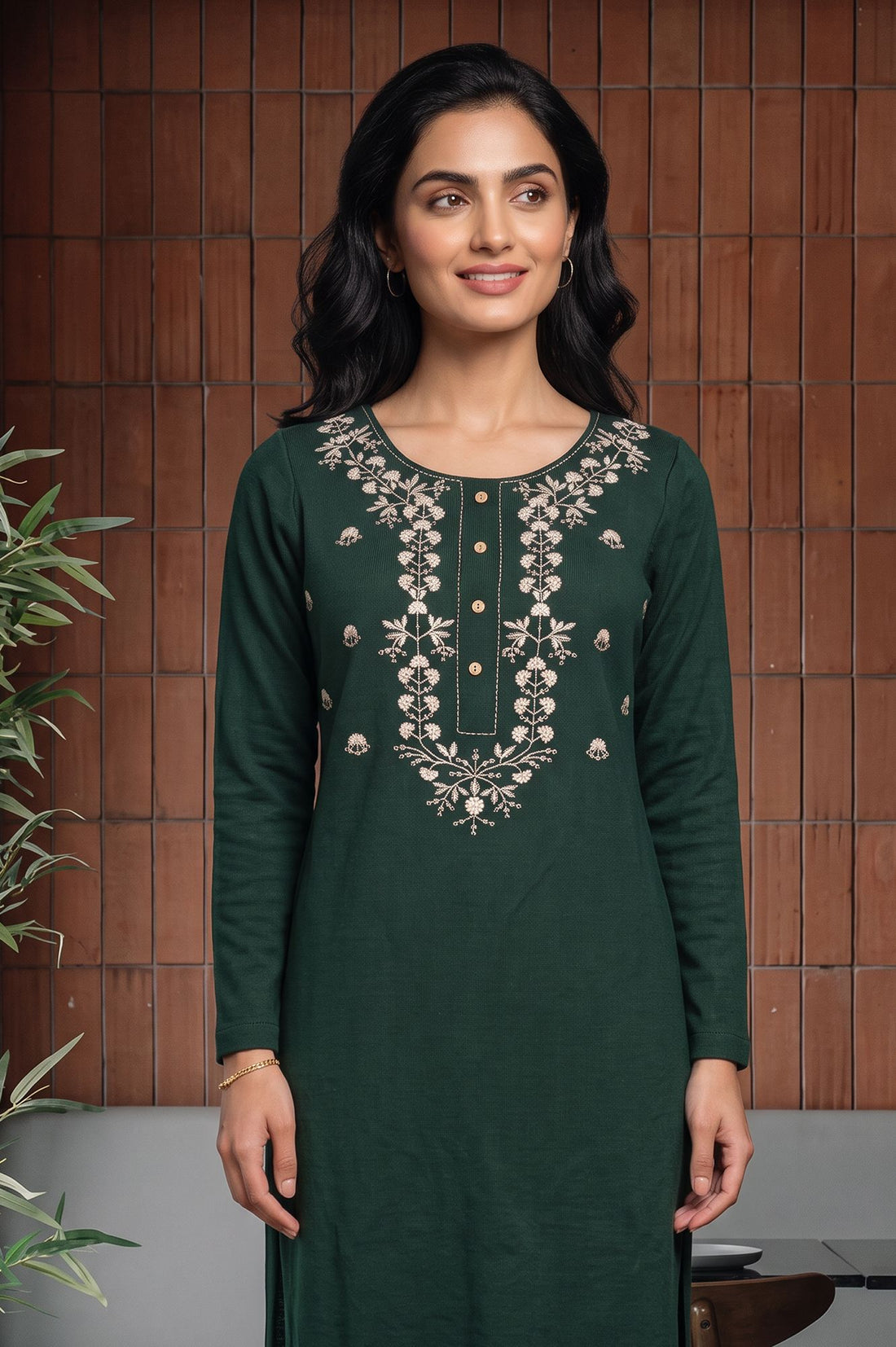 Green Yarn Dyed Embroidered Charme Acrylic Straight Winter Kurta