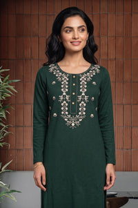 Green Yarn Dyed Embroidered Charme Acrylic Straight Winter Kurta