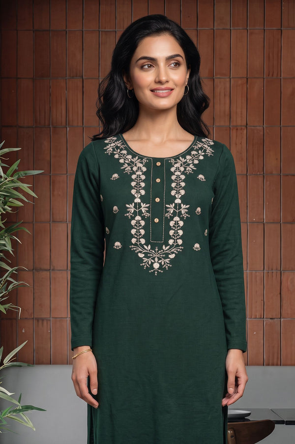 Green Yarn Dyed Embroidered Charme Acrylic Straight Winter Kurta