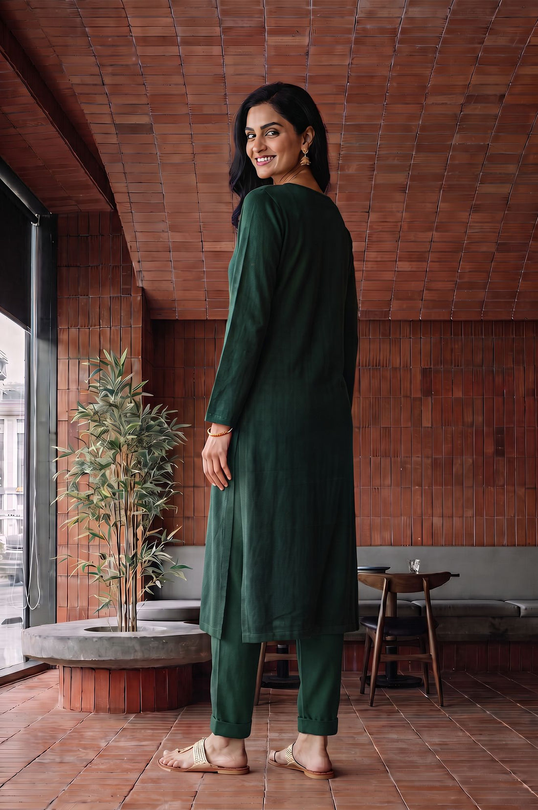 Green Yarn Dyed Embroidered Charme Acrylic Straight Winter Kurta