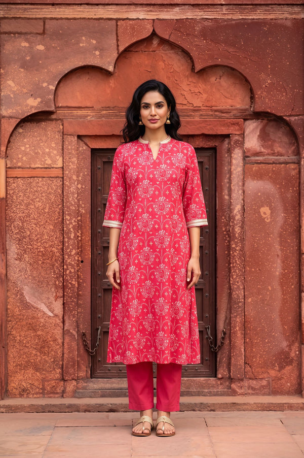Pink Floral Printed Sequins Muslin Straight Kurta