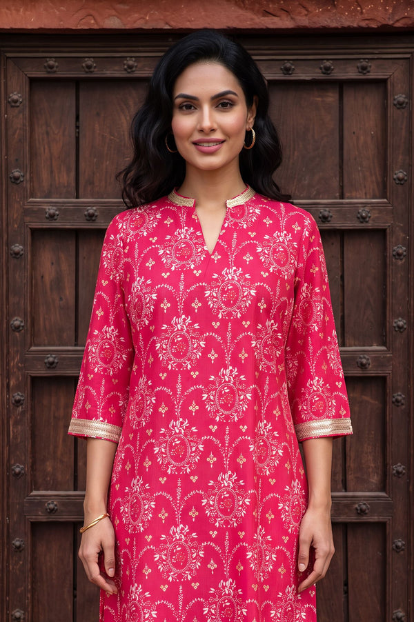 Pink Floral Printed Sequins Muslin Straight Kurta