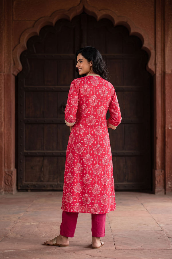 Pink Floral Printed Sequins Muslin Straight Kurta