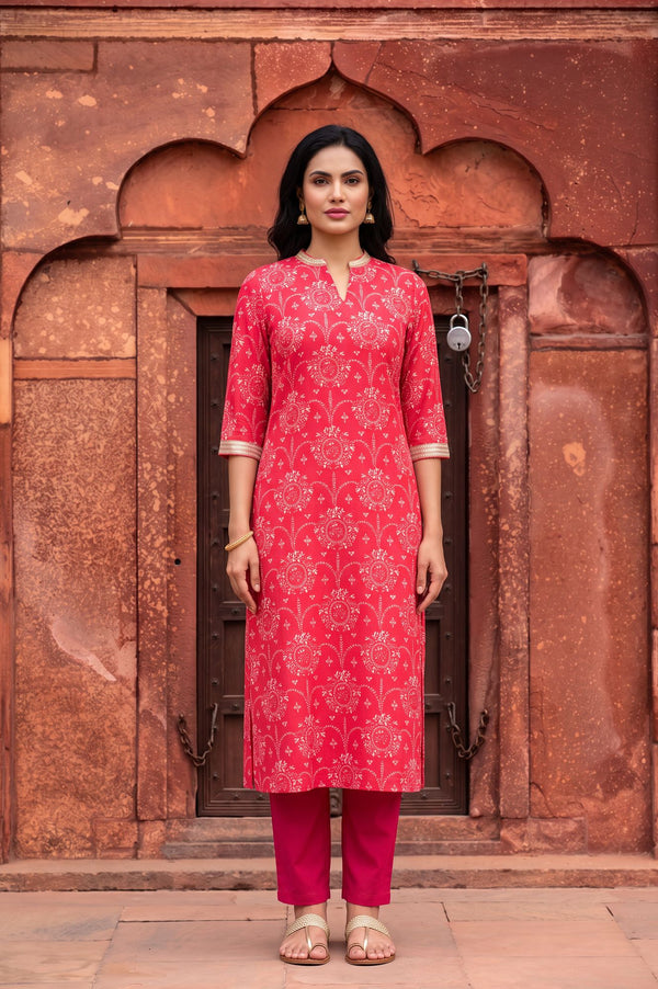 Pink Floral Printed Sequins Muslin Straight Kurta
