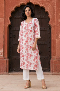 Off White Floral Printed Cotton Blend Straight Kurta with Lace