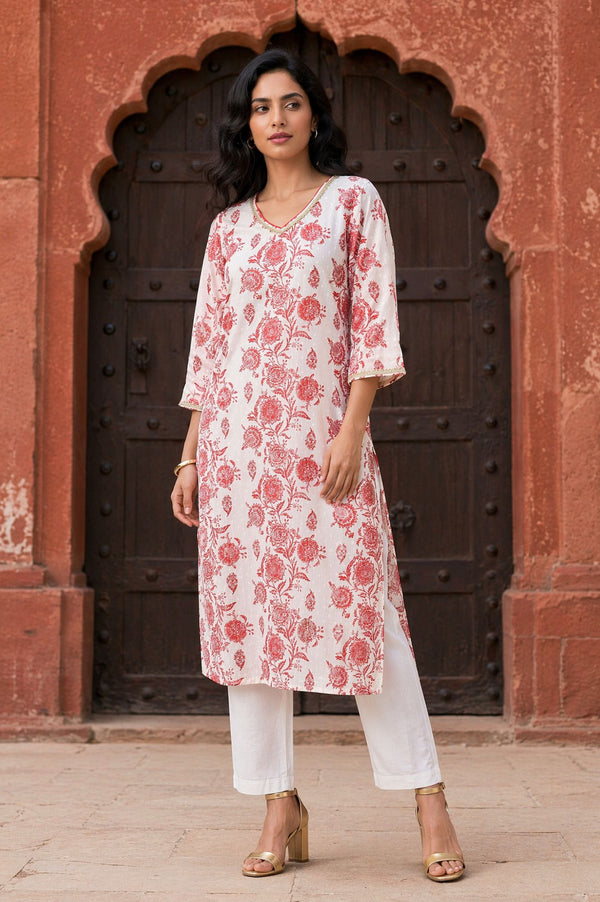 Off White Floral Printed Cotton Blend Straight Kurta with Lace