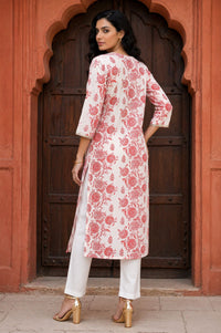 Off White Floral Printed Cotton Blend Straight Kurta with Lace