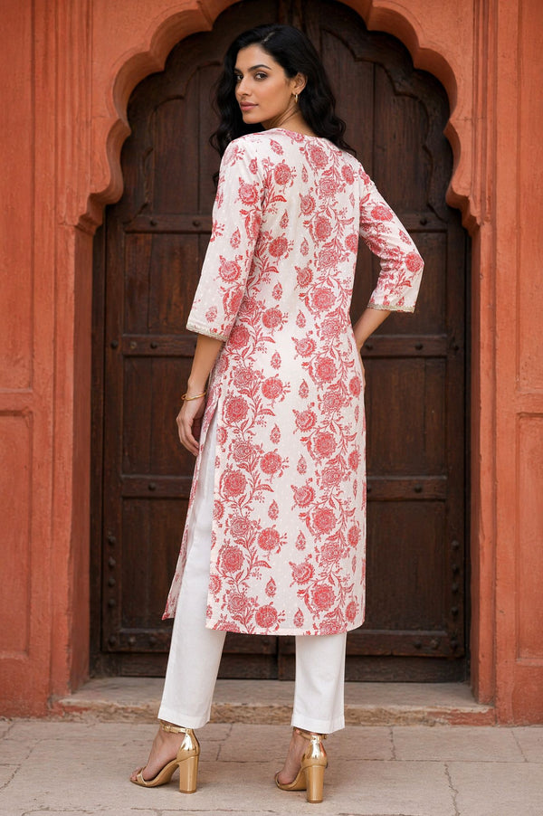 Off White Floral Printed Cotton Blend Straight Kurta with Lace