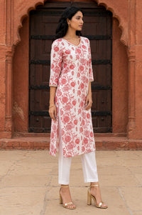 Off White Floral Printed Cotton Blend Straight Kurta with Lace