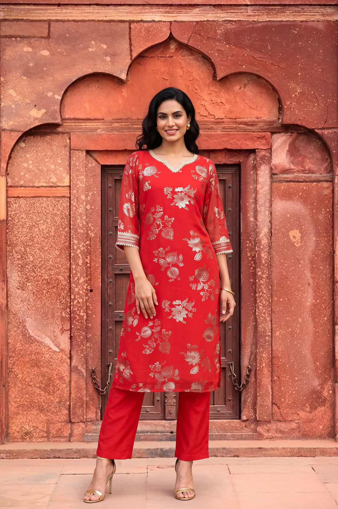 Red Foil Printed Sequins Georgette Straight Kurta