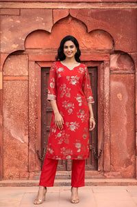 Red Foil Printed Sequins Georgette Straight Kurta