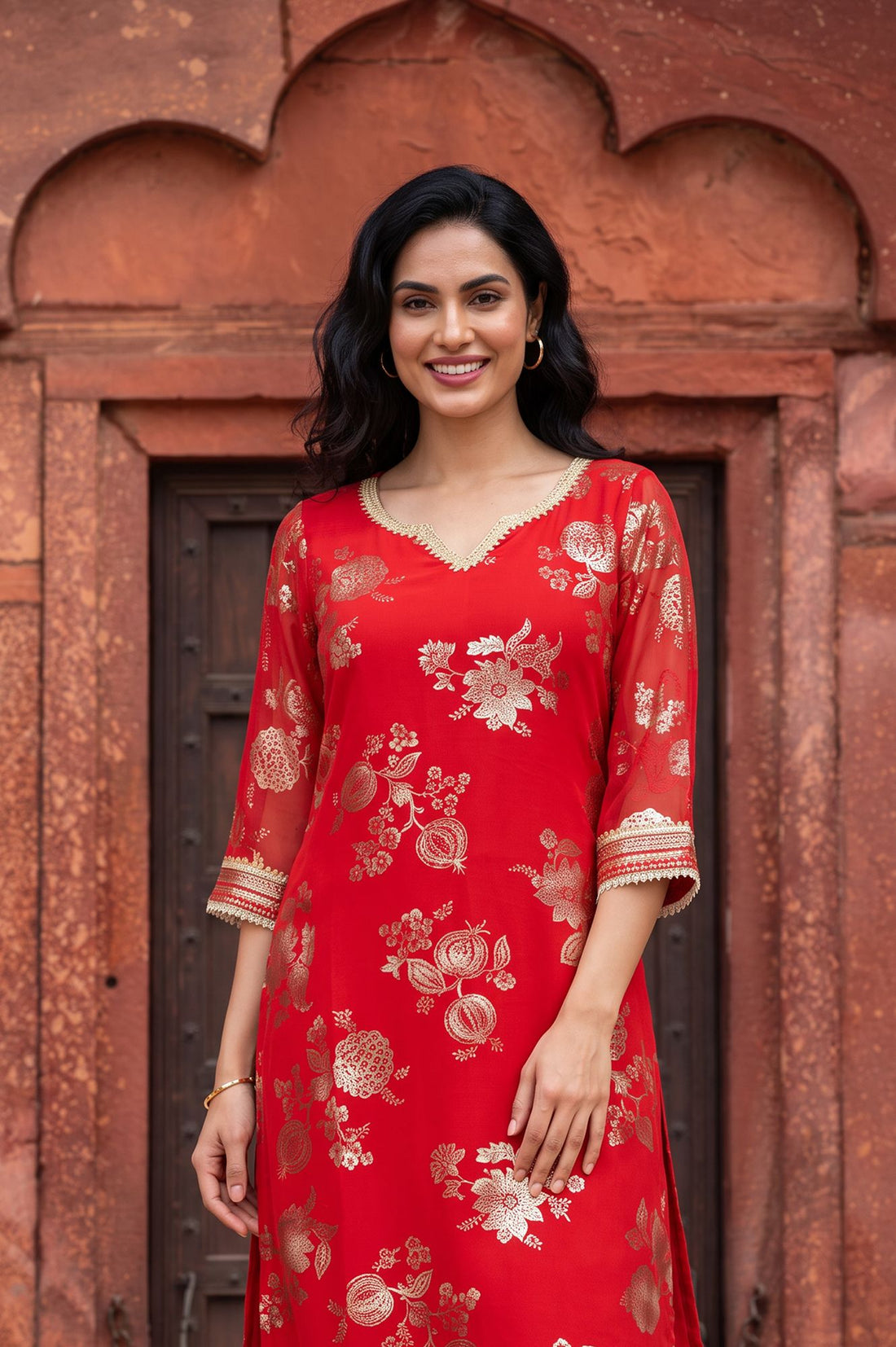 Red Foil Printed Sequins Georgette Straight Kurta