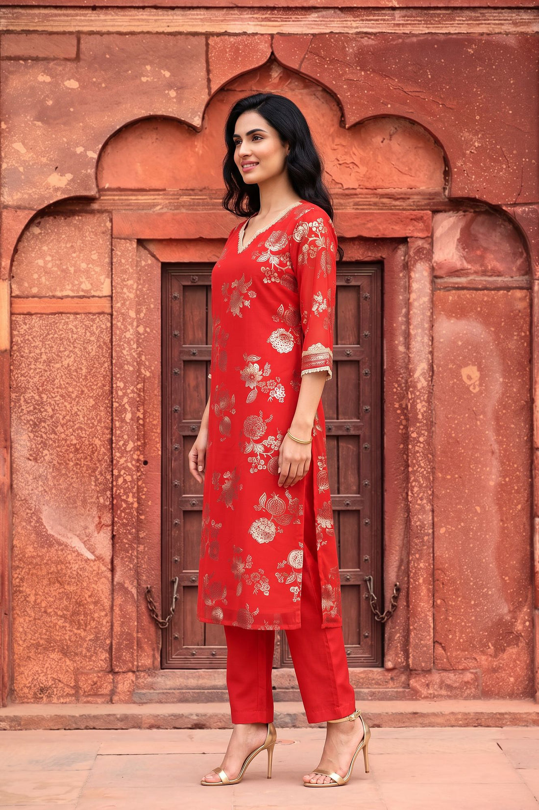 Red Foil Printed Sequins Georgette Straight Kurta