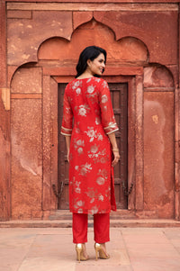 Red Foil Printed Sequins Georgette Straight Kurta