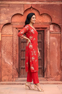 Red Foil Printed Sequins Georgette Straight Kurta